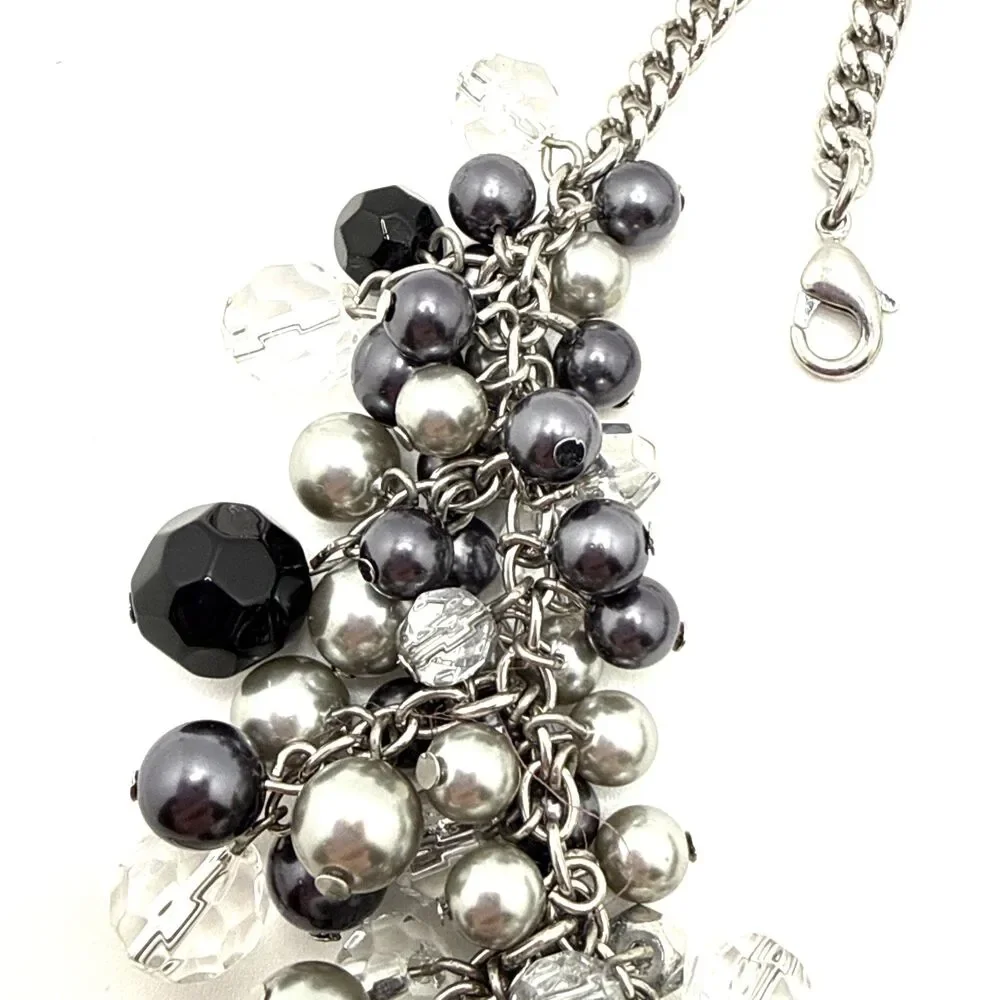 Cha-Cha Style Necklace Clear Gray Black Bead Cluster Statement Bib 16
